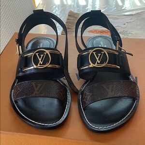 Louis Vuitton Black & Monogram Leather Sandals